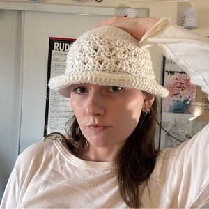 Handmade white shimmery Crocheted Bucket Hat - Women's Accessory